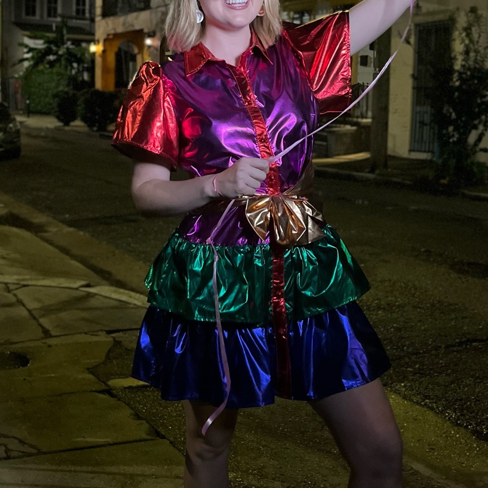 Queen of Sparkles Rainbow Colorblock Metallic Dress Small